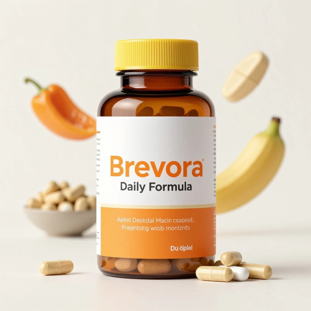 Brevora daily formula supplement bottle with amber-toned design