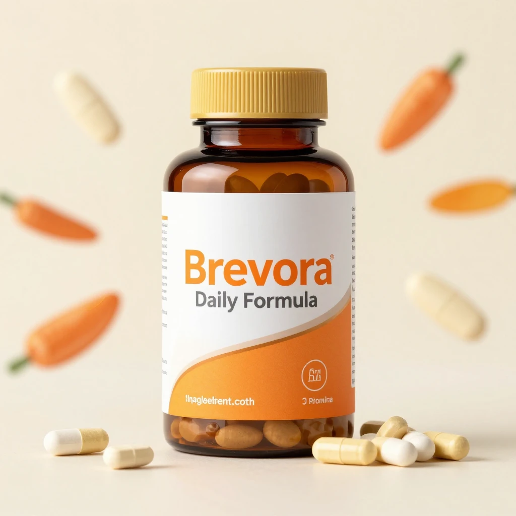 Brevora daily formula bottle with amber and apricot-toned packaging